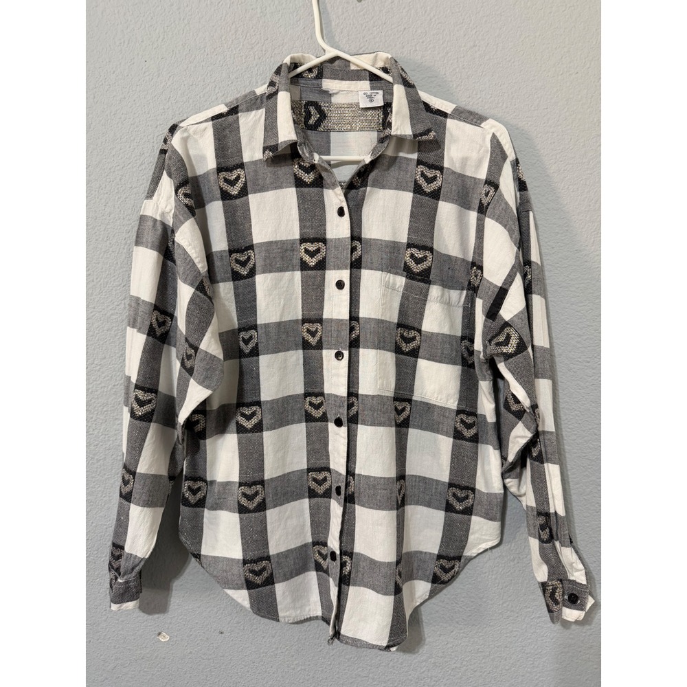 Big Girl 100% Cotton Plaid Shirt Size S Black White Heart Button Down Metallic